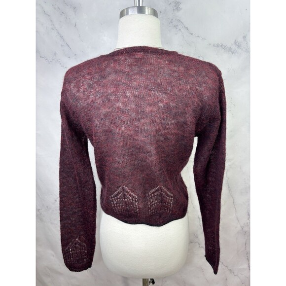 Calme Johnny Was y2k Burgundy Open Knit Cardigan Sweater Top S Wool Cottagecore - Picture 15 of 16